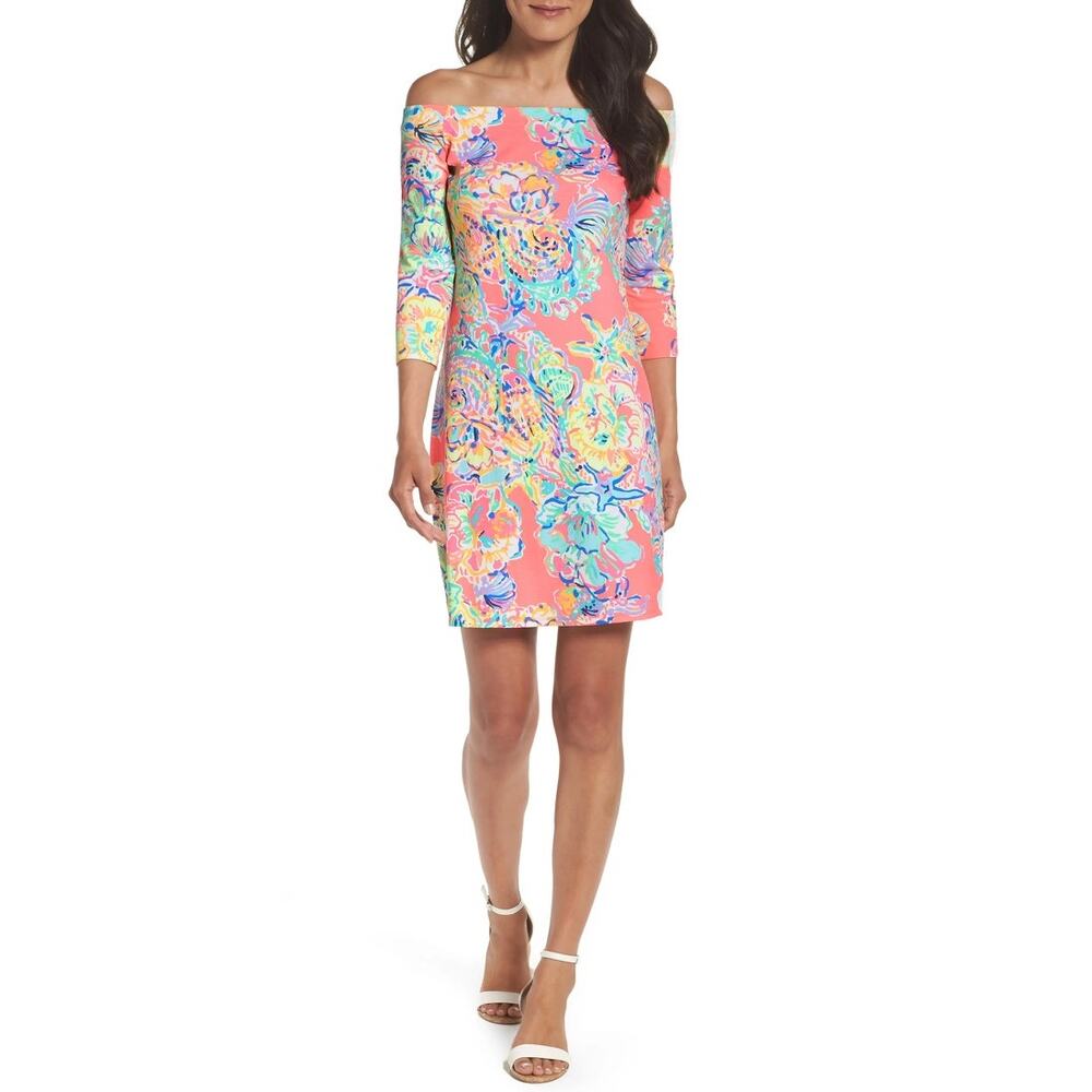 Lilly Pulitzer‎ XXS Pink Off-The-Shoulder Dress Coral Reef Print Casual